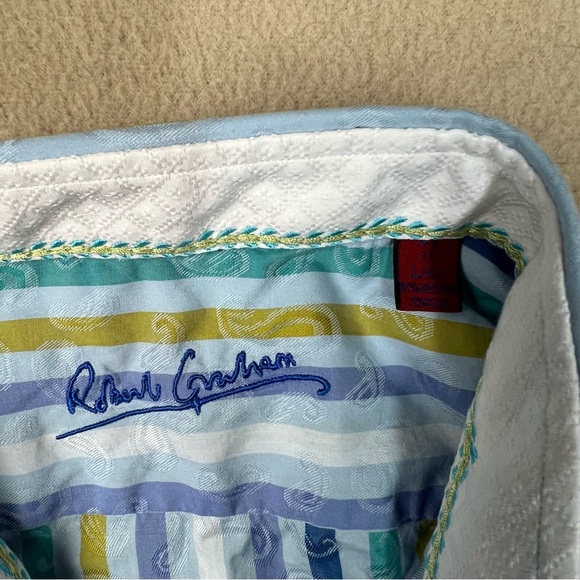 Robert Graham Shirt Men’s L / XL Blue Striped Long Sleeve Button Up Cotton Silk - Picture 6 of 10